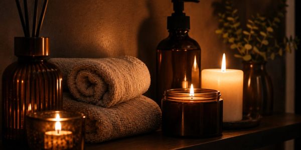Cozy spa setup with candles and towels.