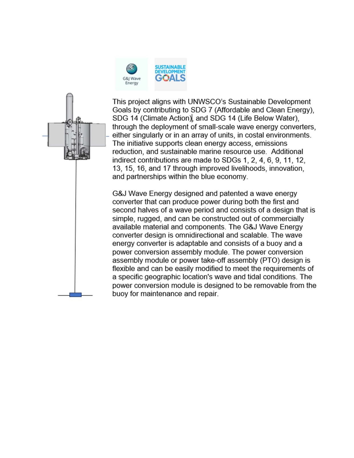 G&amp;J Wave Energy's patented wave energy converter supports sustainable development goals and clean energy.