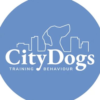 Logo of City Dogs training and behaviour with city skyline and dog outline.