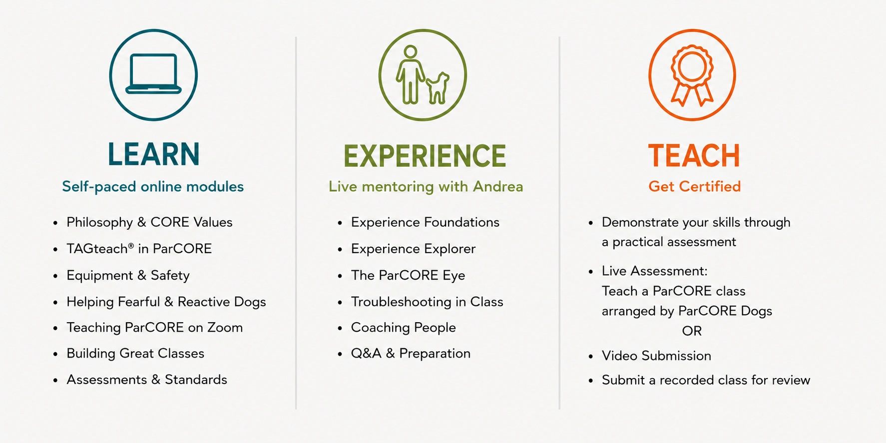 Outline of a learning, experience, and teaching process for ParCORE dog training.