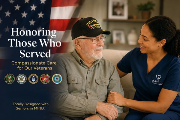Compassionate care for veterans with a smiling caregiver and an elderly veteran.