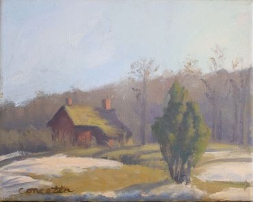Ringwood Manor, historical red cabin, plein air oil painting. New Jersey, winter landscapes, Garden 