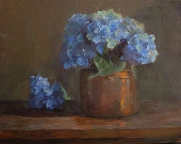 original still life oil painting of Blue Hydrangeas in a copper planter.