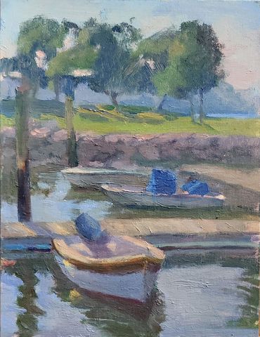 9 x 12 oil on linen panel plein air painting of a Dory boats docked.
Cove Island in Stamford CT