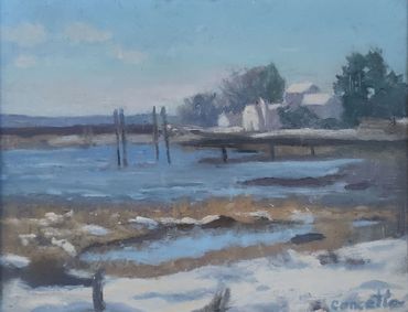 Stamford Beach Plein Air Painting, Cove Island Beach Winter, Long Island Sound ,  Cove Island Beach 