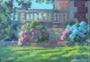 Oil Painting, Garden Hydrangeas Along Waveny Mansion, New Canaan, CT   Double Exposure Boutique, Dar