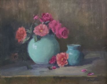 Knock out roses still life oil painting.