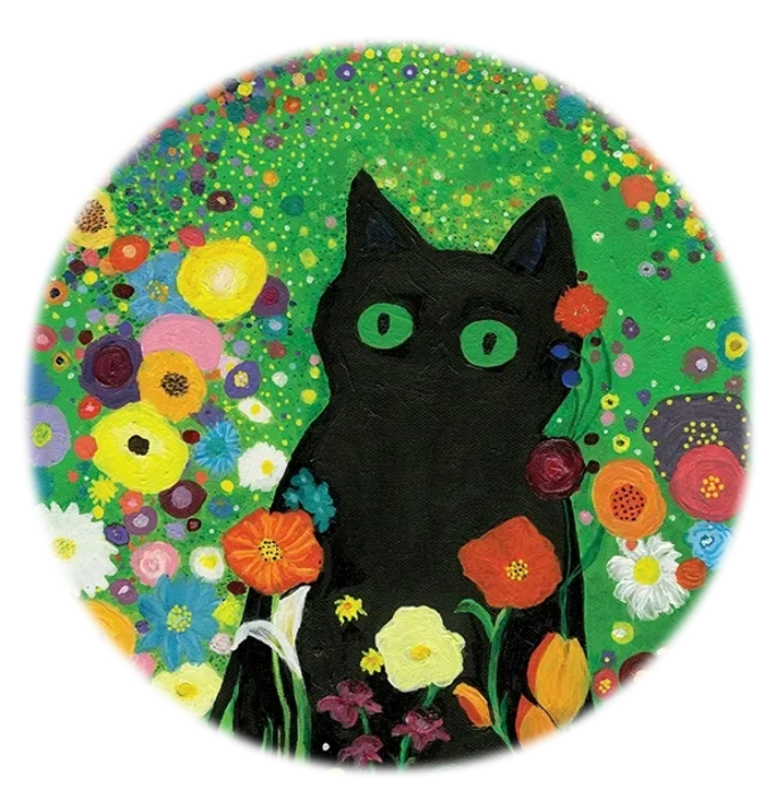 Black Cat in field of flowers.