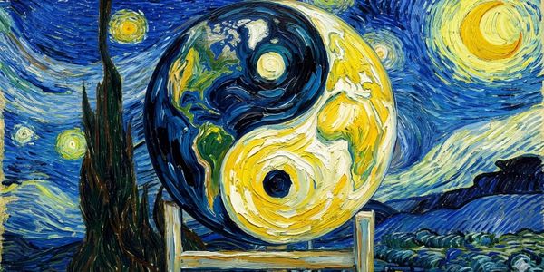 A yin-yang Earth blending day and night in Van Gogh's starry style.