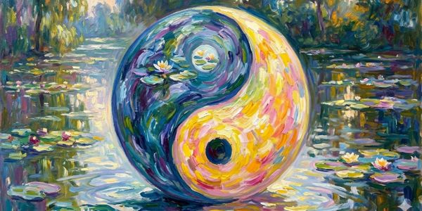 Colorful yin-yang symbol floating on a vibrant pond with lotus flowers.