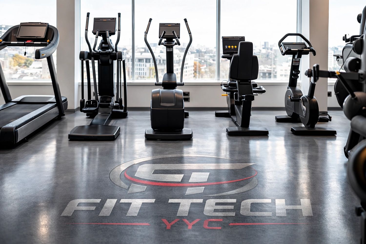 Modern gym cardio equipment lined up in front of large windows.