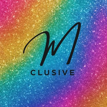 Black 'M' and 'CLUSIVE' text on a sparkly rainbow background.