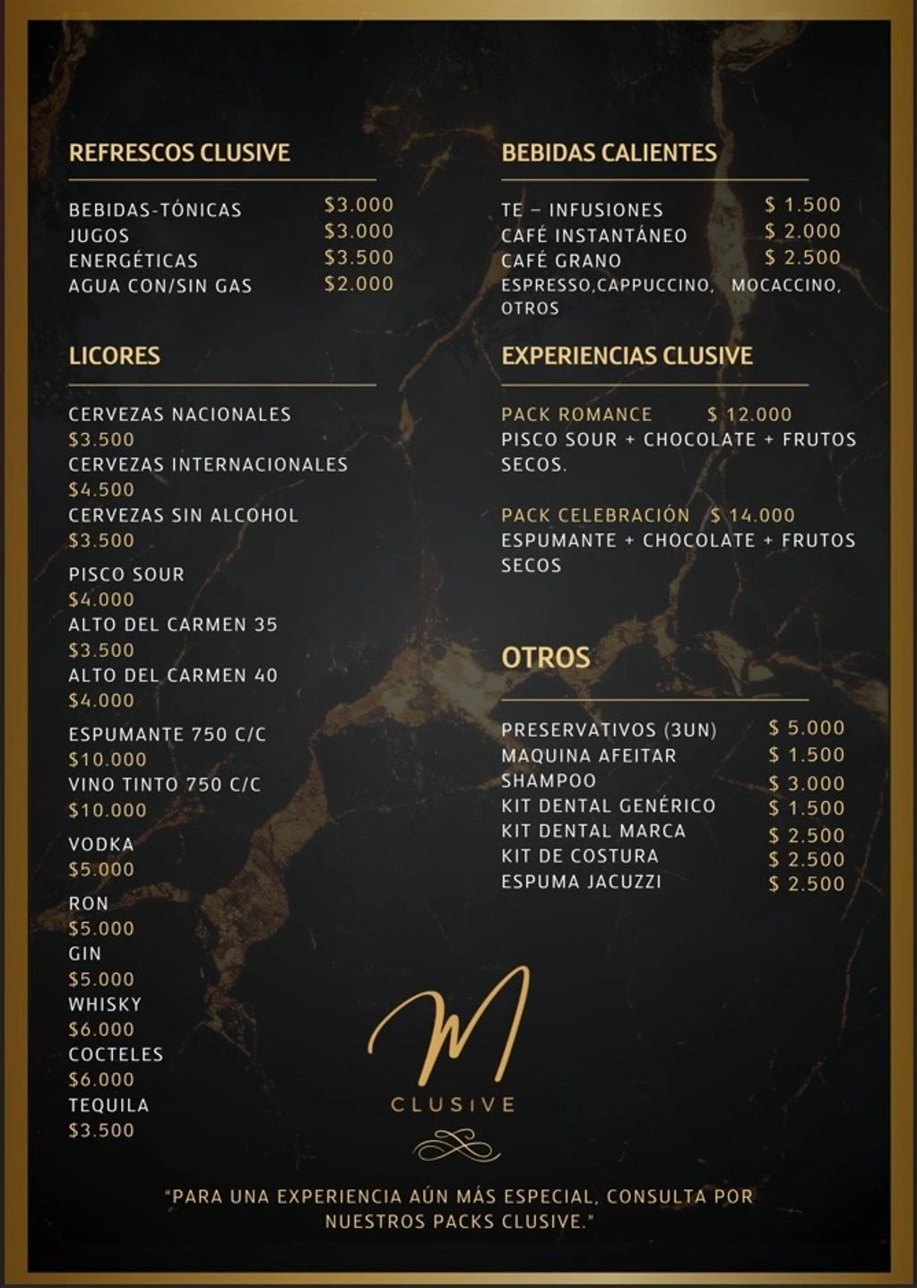 Menu with drinks, experiences, and essentials priced in Chilean pesos.