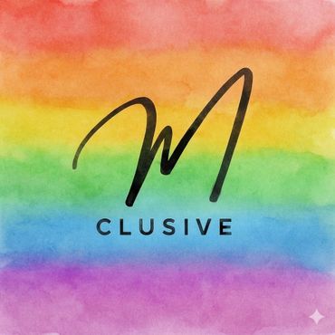 A colorful rainbow background with a stylized 'M' and the word 'CLUSIVE'.