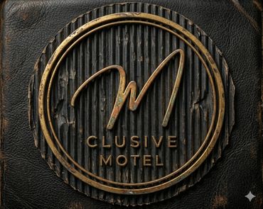 Rustic logo for "Mclusive Motel" on textured leather background.