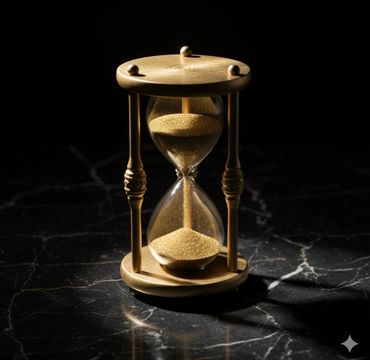 Elegant wooden hourglass with sand on a dark marble surface.