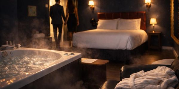 Couple entering a dimly lit hotel room with a steaming hot tub and cozy bed.