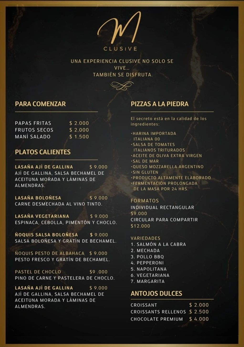 Menu offering appetizers, hot dishes, stone-baked pizzas, and sweet treats with detailed descriptions and prices.