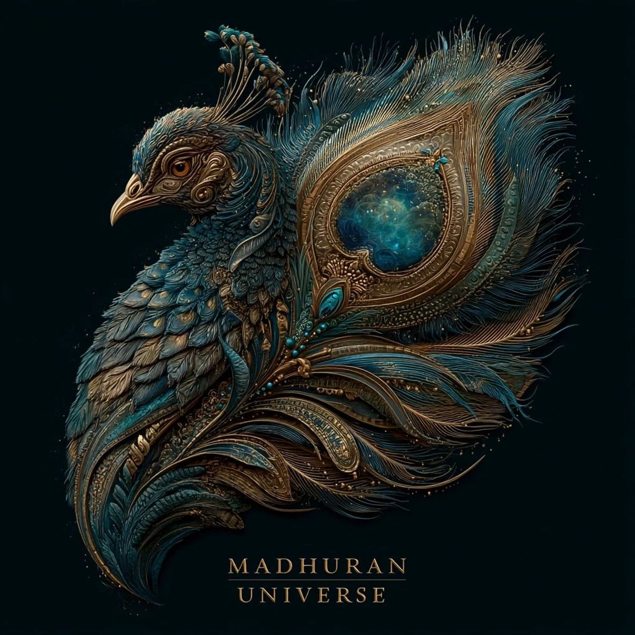Intricately designed peacock with cosmic elements and ornate golden details.