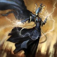 A powerful sorcerer summoning lightning.
