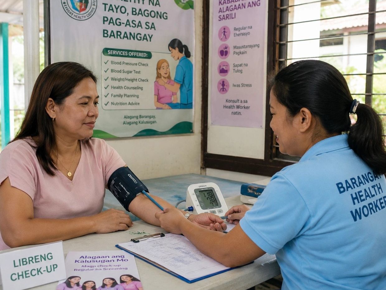 Health worker checking blood pressure of a woman.