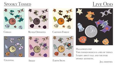 Collection of fabric design alterations for a fabric called spooky tossed. Shows six designs of diff