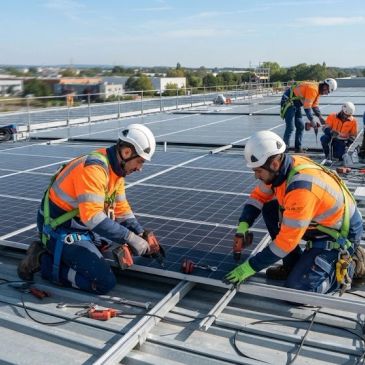 Travailleurs installant des panneaux solaires sur le toit.