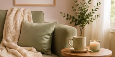 Cozy corner with a blanket, pillow, and candle on a table.