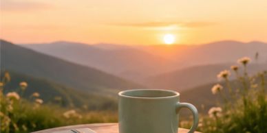 Coffee cup on a table overlooking a mountain sunrise.