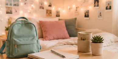 Cozy bedroom setup with soft lighting and study essentials.