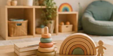 Wooden toys and books on a table in a cozy room.