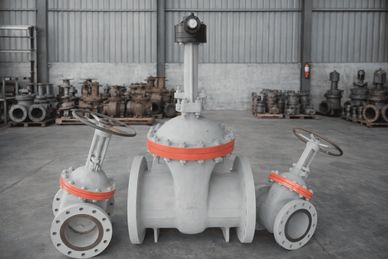 Three industrial valves of different sizes inside a warehouse.
