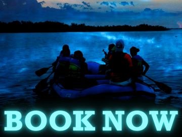 People in a raft on the bioluminescent water with the words "book now" on it in blue. 