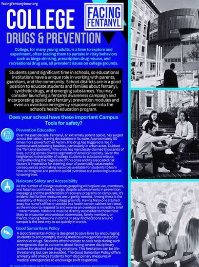 Informational poster about college drug prevention focused on fentanyl awareness and safety.