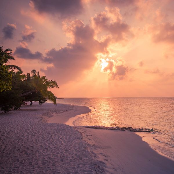 Sunset on a tropical beach in the Bahamas with beautiful pinks and purples