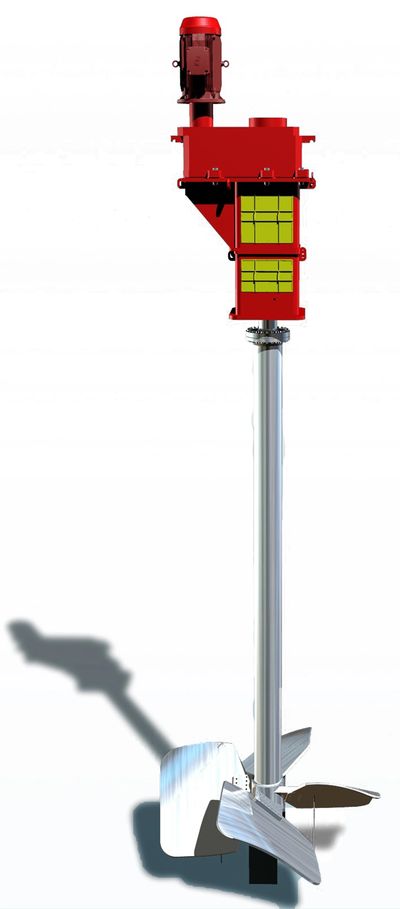 Large Top entry agitator with pedestal with gearbox and motor with P4 impellers.