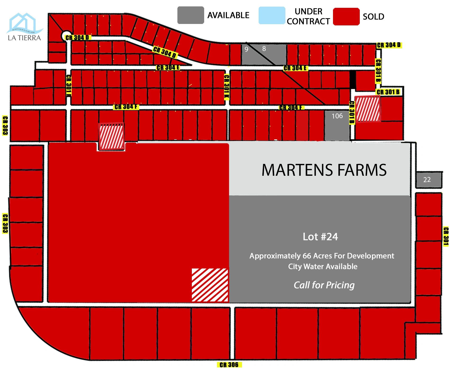Real estate plot map showing mostly sold lots with few available in La Tierra.