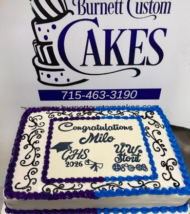 Graduation cake congratulating Milo from GHS 2026 with purple and blue decorations.
