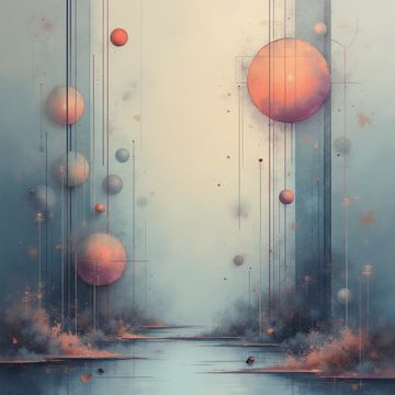 Abstract landscape with floating spheres and vertical lines in muted tones.