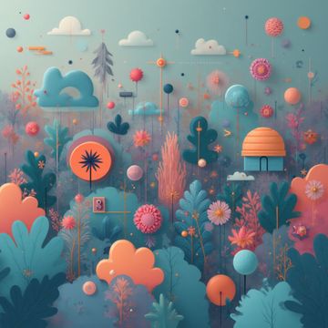 Colorful abstract garden with clouds and geometric shapes in pastel tones.