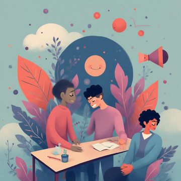 Three friends enjoying a colorful, whimsical chat surrounded by vibrant leaves and a smiling sun.