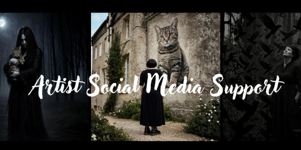 Dark gothic and surreal art showcasing cats and figures, text says Artist Social Media Support.
