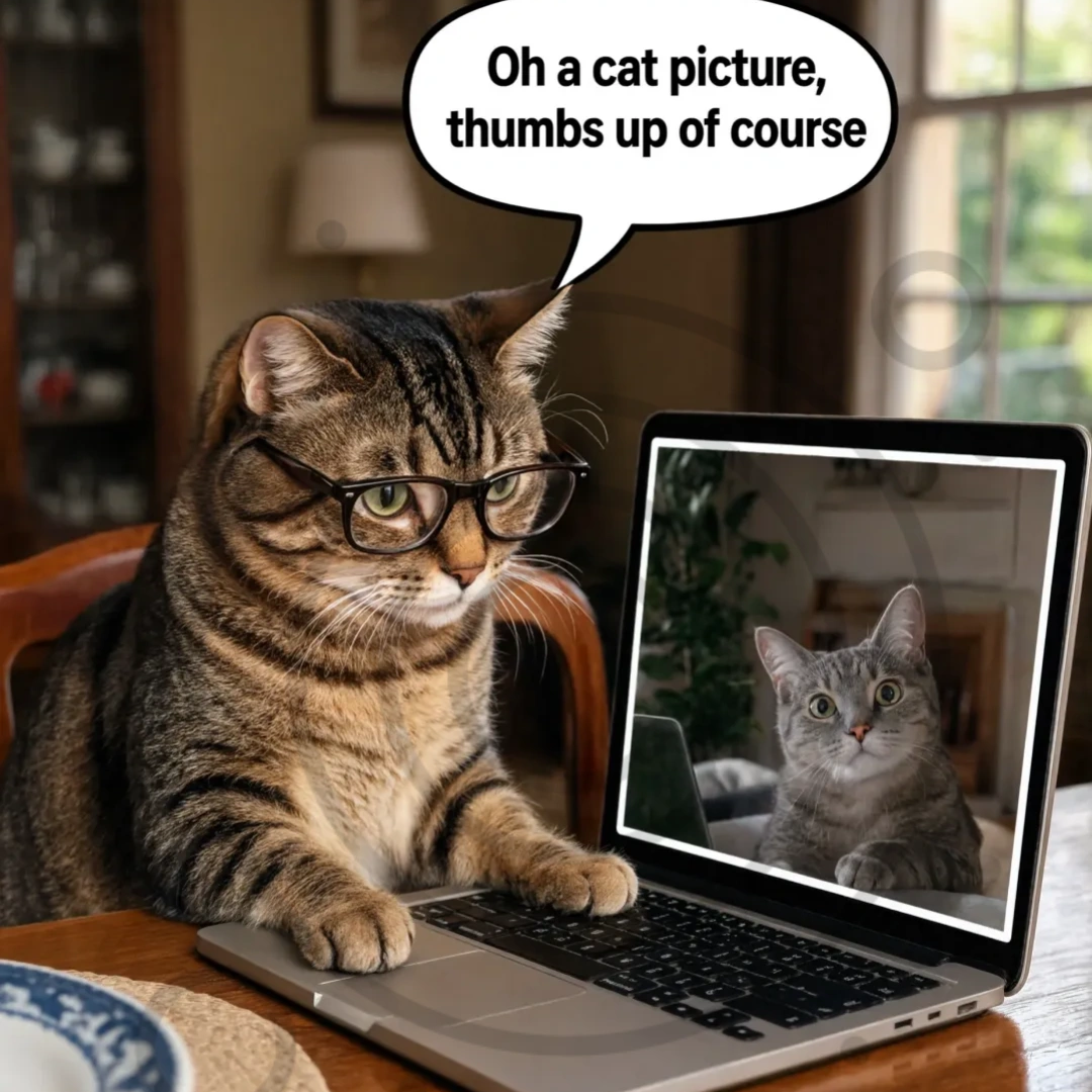 a tabby cat wearing reading glasses and using a laptop