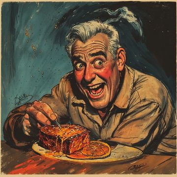 A man excitedly cuts into a dripping, juicy dessert on a plate.