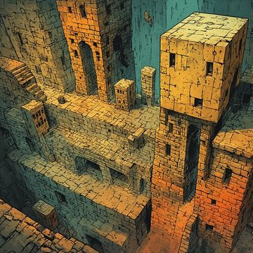 Intricately designed ancient stone structures with a surreal, maze-like layout.