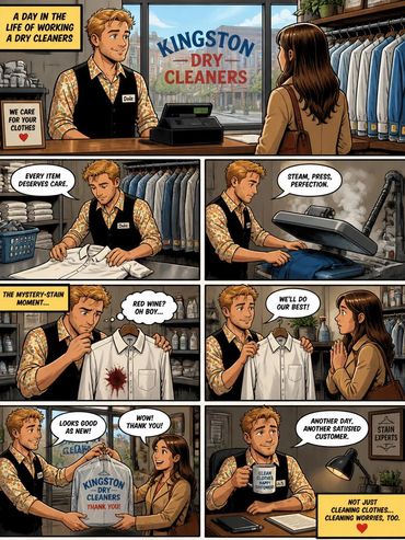 A day in the life of a dry cleaner named Dole helping a customer with a red wine stain.
