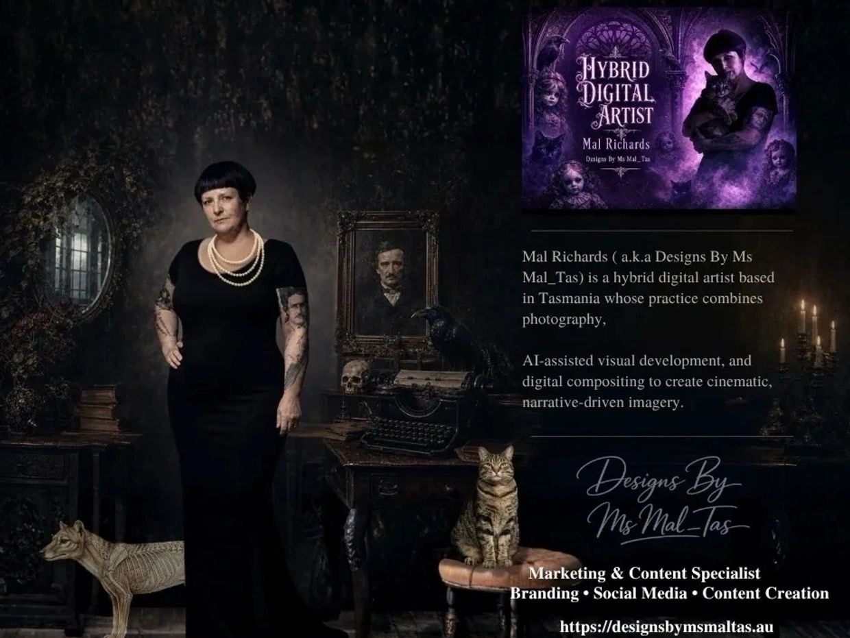 Portrait of hybrid digital artist Mal Richards with gothic elements and cats.