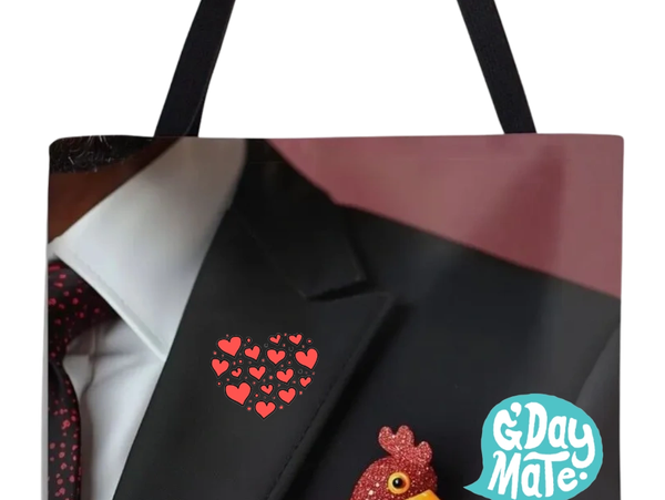 Suit lapel with a red decorative chicken and speech bubble.