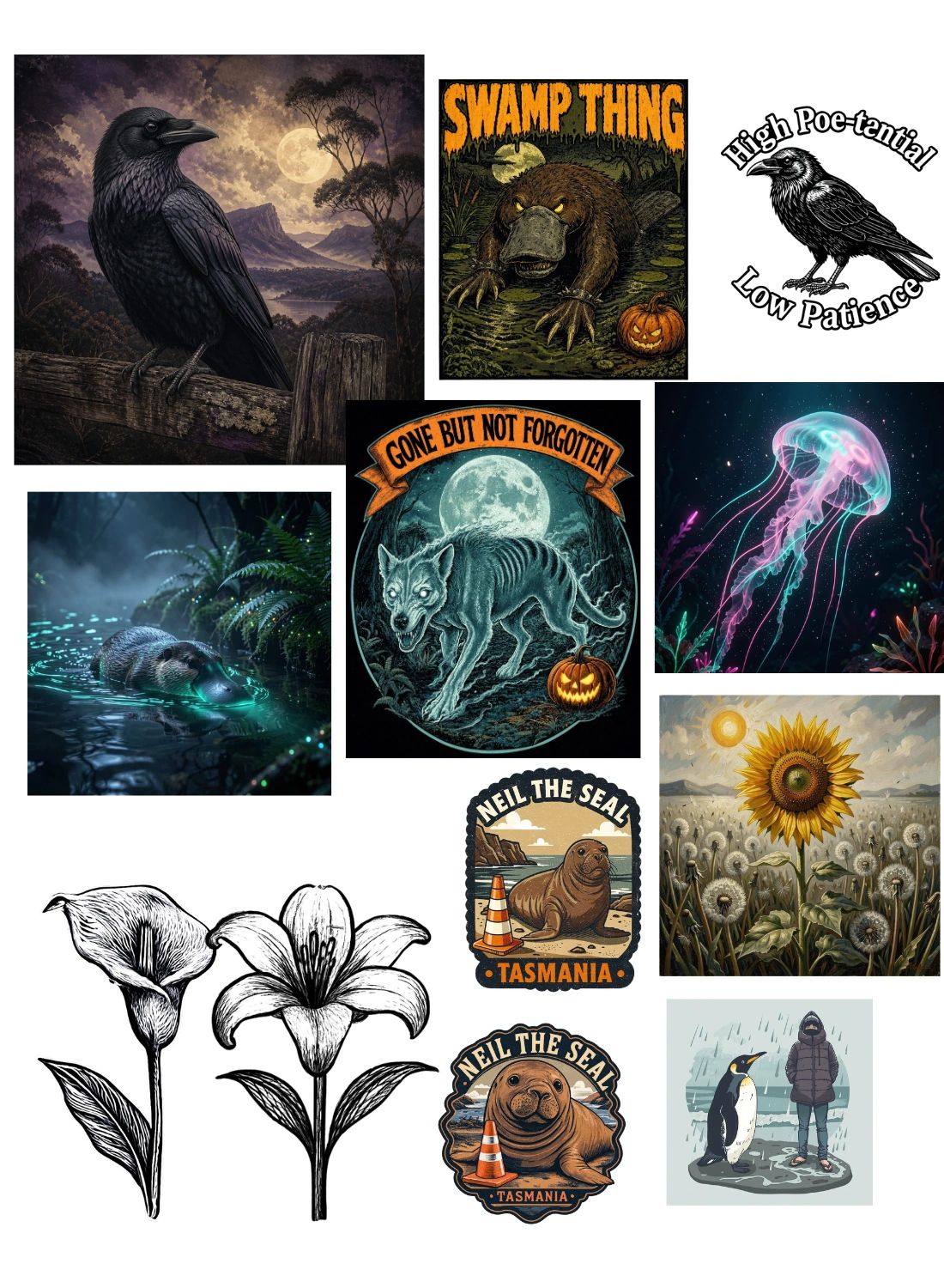 Collage of nature, animals, and artistic illustrations including crows, seals, flowers, and mythical creatures.