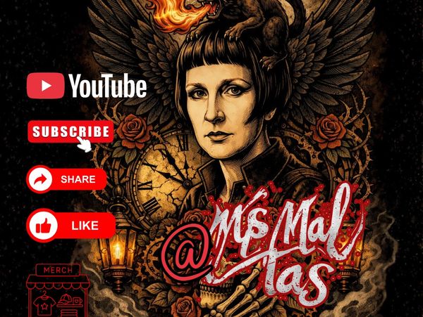 Artistic gothic-style YouTube subscribe prompt with a woman and clock.